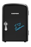 Chefman Mini Portable Eraser Board Personal Fridge, Cools & Heats, 4 Litre Capacity, Chills 6 12oz cans, 100% Freon-Free & Eco Friendly, Includes Plugs for Home Outlet & 12V Car Charger, Black